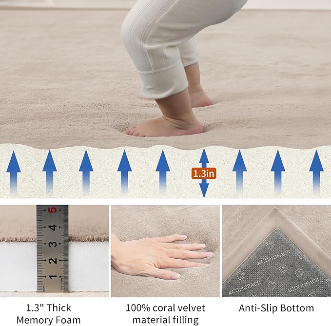 ACOMOPACK Baby Play Mat for Floor,1.3" Thick Memory Foam Area Rug for Living Room,Soft Velvet Crawling with Non-Slip Bottom for Kid,Toddler,71"×79" Tummy Time Nursery Rugs,Yoga（Beige）
