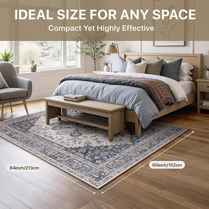 GENIMO 5X7 Area Rugs for Living Room, Machine Washable Vintage Floor Cover Foldable Modern Non Slip Rug, Low Pile Soft Indoor Carpet Floral Print Mat Rug,Bedroom/Dining Room/Home Office,Navy Blue