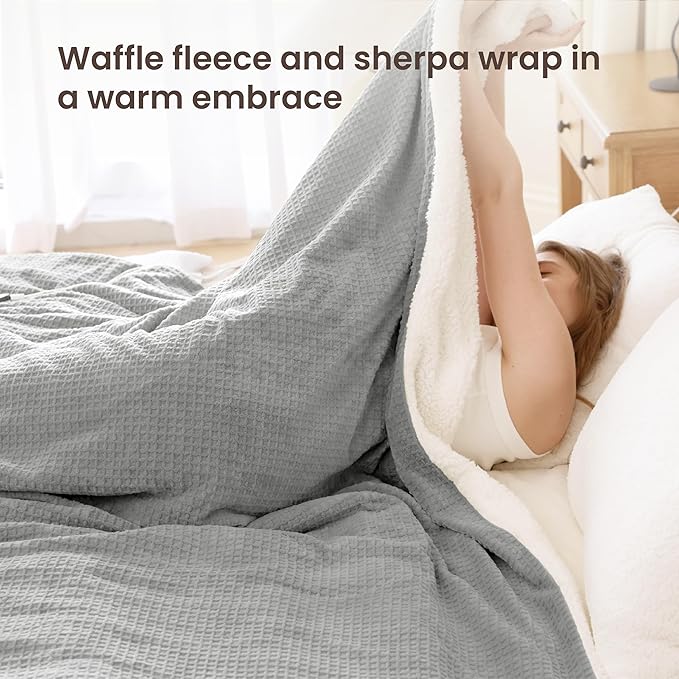 Heated Blanket Electric Blanket King Waffle,90x100 Inches Sherpa Fleece Fast Heating Blanket 6 Heating Levels & 10 Hours Auto Off ETL Certification,Light Grey King