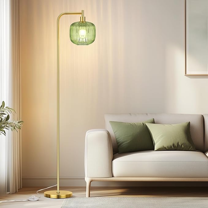 QiMH Glass Floor Lamp for Living Room, Modern Standing Lamp with Ribbed Glass Lampshade Pedal Switch, 67” Tall Lamp for Bedroom Study Room, Brushed Gold (2700K LED Bulb Included)