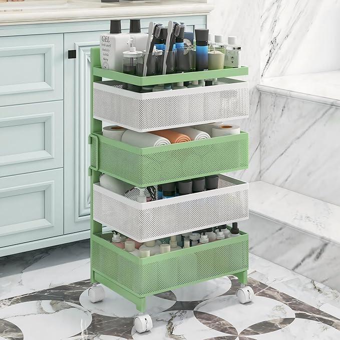 Fruit Basket for Kitchen No Assembly 4-Tier Rotating Storage Rack, Vegetable Storage Cart，Bathroom Shelf,Storage Drawer Cart,Kitchen Organizers and Storage Cart(Green White, 4 Tier-Square)