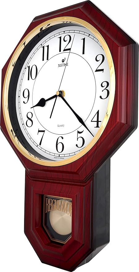 JUSTIME Traditional Schoolhouse Easy to Read Regulator Wall Clock, Chiming Wall Clocks with Pendulum & Westminster Chime Hourly, Schoolhouse Wall Decor Battery Operated (Red Mahogany)