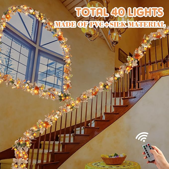 VIHOSE 2 Pack Thanksgiving Maple Leaves Garland Fall Decor 11.5 ft 40 LED with Pumpkin Lights Battery Operated and Timer Remote for Home Thanksgiving Halloween Decor(White)