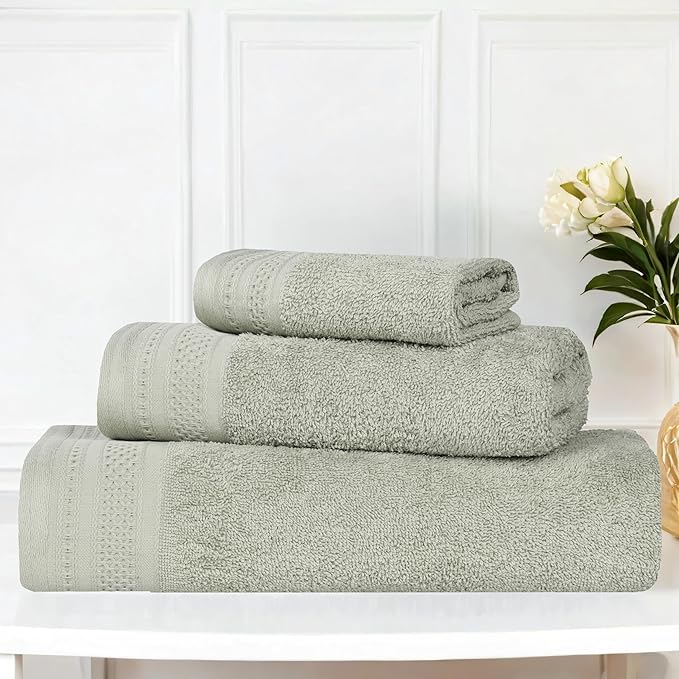 Superior Honeycomb Cotton Medium Weight Towels, for Guest Bath, Master Bathroom, Shower, Quick Dry, Adults, Home Essentials, Textured Waffle Border, Assorted Towel Set, 3 Piece Towel Set, Sage