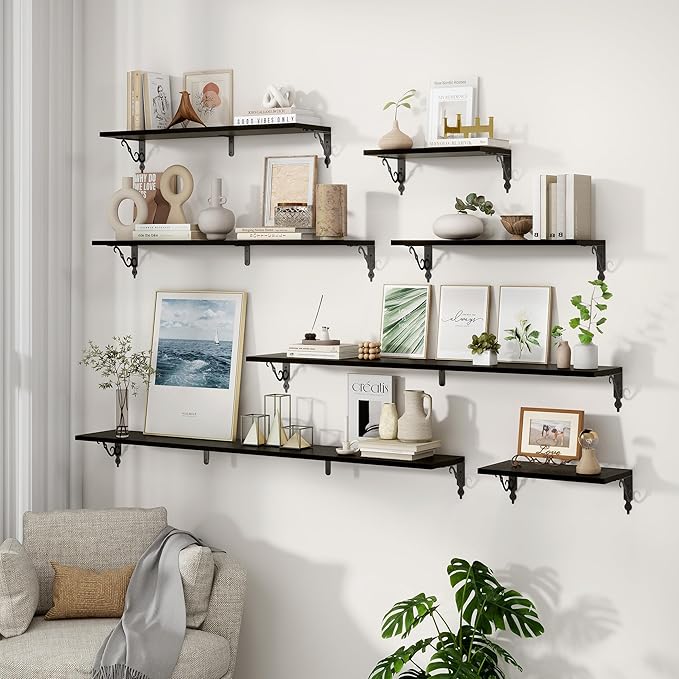 Fun Memories 40 Inch Floating Shelves Wall Mounted, 8 Inch Deep Wall Shelves with Bracket, Rustic Hanging Bookshelf, 40" Bookshelves for for Living Room, Kitchen and Bedroom, Black, Set of 2