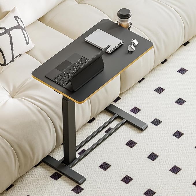 Medical Overbed Adjustable Bedside Table with Hidden Casters, Pneumatic Mobile Rolling Laptop Standing Desk with Tray for Home and Hospital Use, Black