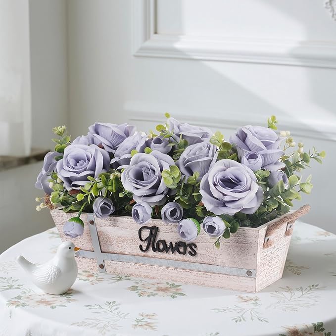 Centerpiece Table Decorations Rustic Wood Tray with 3 Artificial Dusty Blue Rose Flowers and Fake Eucalyptus for Dining Room Farmhouse Living Room Kitchen and Coffee Table Décor