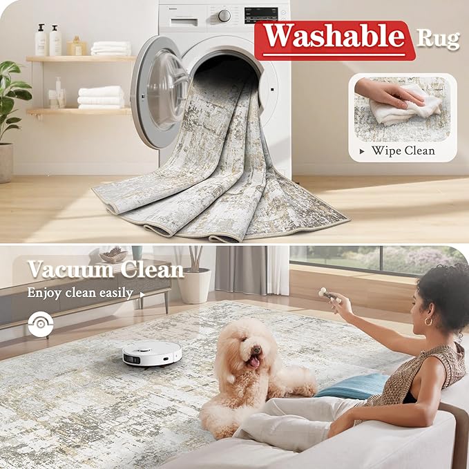 9x12 Area Rugs for Living Room: Washable Modern Abstract Rug Large Soft Non Slip Living Room Rug Indoor Low Pile Carpet for Bedroom Dining Room Home - Beige Grey Brown