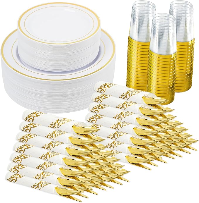 350 Pieces Gold Disposable Plates for 50 Guests, Disposable Plastic Plates for Party, Wedding, Dinnerware Set of 50 Dinner Plates, 50 Salad Plates,50 Cups and 50 Paper Napkins, Gold