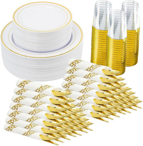 350 Pieces Gold Disposable Plates for 50 Guests, Disposable Plastic Plates for Party, Wedding, Dinnerware Set of 50 Dinner Plates, 50 Salad Plates,50 Cups and 50 Paper Napkins, Gold