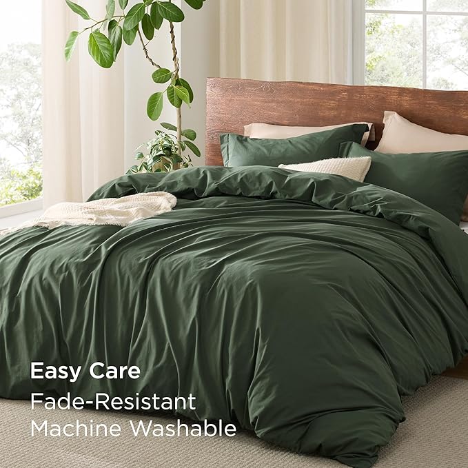 Bedsure 100% Washed Cotton Duvet Cover Oversized King - Olive Green Minimalist Duvet Cover Linen Like - GentleSoft™ Plain Simple Bedding, 3 Pieces (Olive Green, Oversized King, 120"x98")
