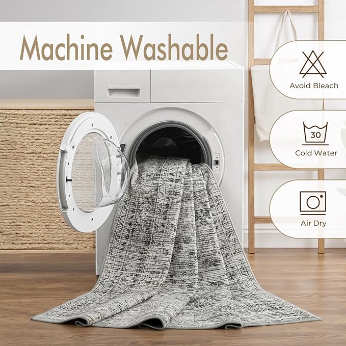 MIULEE 5x7 Vintage Living Room Rug Washable Area Rugs Low Pile Floor Mat for Bedroom Dining Room Non-Slip Stain Resistant Soft Indoor Carpet for Home Decor, Grey
