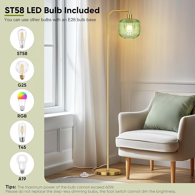 QiMH Glass Floor Lamp for Living Room, Modern Standing Lamp with Ribbed Glass Lampshade Pedal Switch, 67” Tall Lamp for Bedroom Study Room, Brushed Gold (2700K LED Bulb Included)