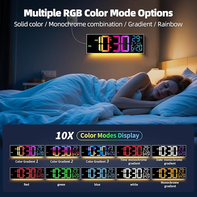 Maxstar 16.2'' Large Digital Wall Clock with Bluetooth Auto Sync, Remote Control, Alarm, LED Display, RGB Colors, Auto DST & Temperature for Classroom, Bedroom, Office, Garage-White