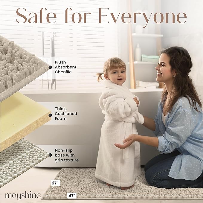 MAYSHINE Plush Shaggy Chenille Bath Mat | Extra Soft, Super Absorbent, Non-Slip Bathroom Rug | Fluffy Microfiber, Area Rug Sets for Bathroom Floor, Kitchen, Living Room | 47"x27" | Beige