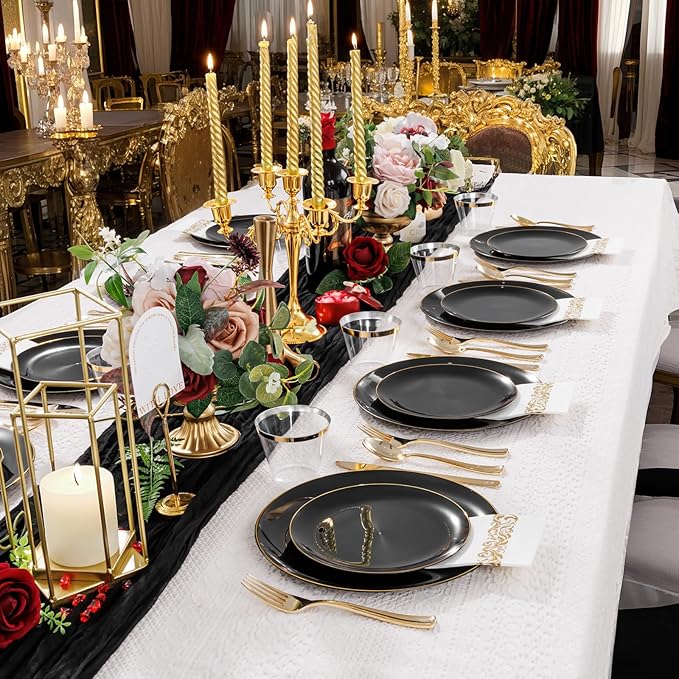 700PCS Black and Gold Disposable Dinnerware Set - Includes 100 Black Plastic Plates, 100 Dessert Plates, 100 Gold Plastic Silverware Set, 100 Cups 9 OZ, 100 Napkins Ideal for Wedding Party Birthday