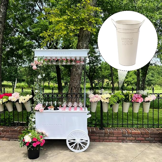 6 Packs 12 Inch & 10 Inch Galvanized Metal Flower Vases with Handles, Rustic French Metal Flower Buckets for Cut Flowers, Country Wedding, Table Centerpiece Decorations(Milky White)
