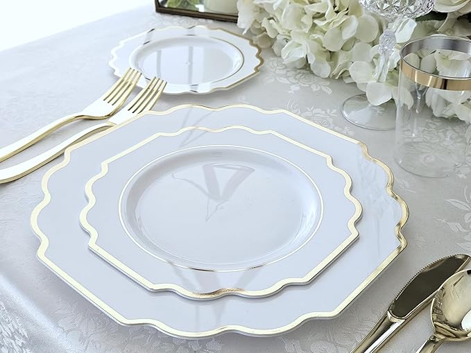 " OCCASIONS " 120 Plates Pack,(60 Guests) Heavyweight Wedding Party Disposable Plastic Plates Set -60 x 10.5'' Dinner + 60 x 8'' Salad/Dessert Plate (Imperial White & Gold)