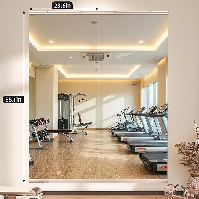 Hasipu Home Gym Mirror, 55.1" x 23.6" x 2 PCS Frameless Wall Mounted Mirrors, Large Body Mirror for Home Gym, Yoga Studio, Bedroom, Silver Tempered Glass