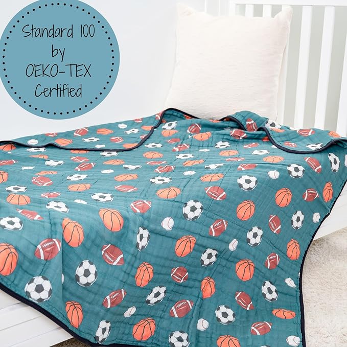 LollyBanks Muslin Baby Blanket 100% Organic Cotton, Muslin Quilt Lightweight, 6 Layers Baby Blankets 47"x 47", Muslin Blanket for Boys, Nursery Receiving Blankets (Sports, Balls Print)