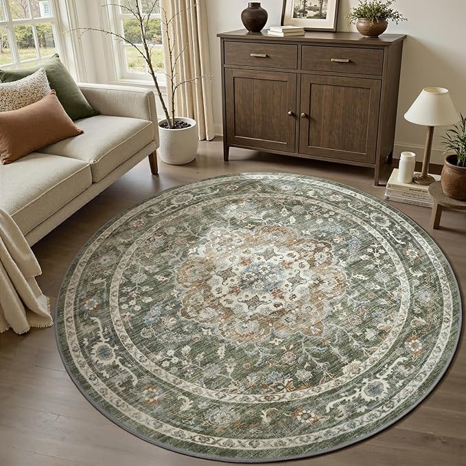 PADOOR-Vintage 6FT Round Rug-Rugs for Living Room-Soft Olive Green Circle Rug-Machine Washable Rugs for Bedroom-Non Slip Carpet-Rug for Dining Room Living Room Bedside Office