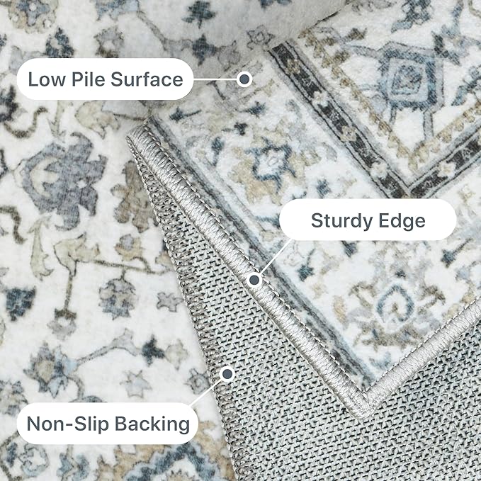 GENIMO Washable Area Rugs for Living Room Bedroom, 6x9 Boho Vintage Non Slip Rug, Low Pile Soft Floral Indoor Floor Carpet Cover for Dining Room Kitchen, Retro Gray Blue