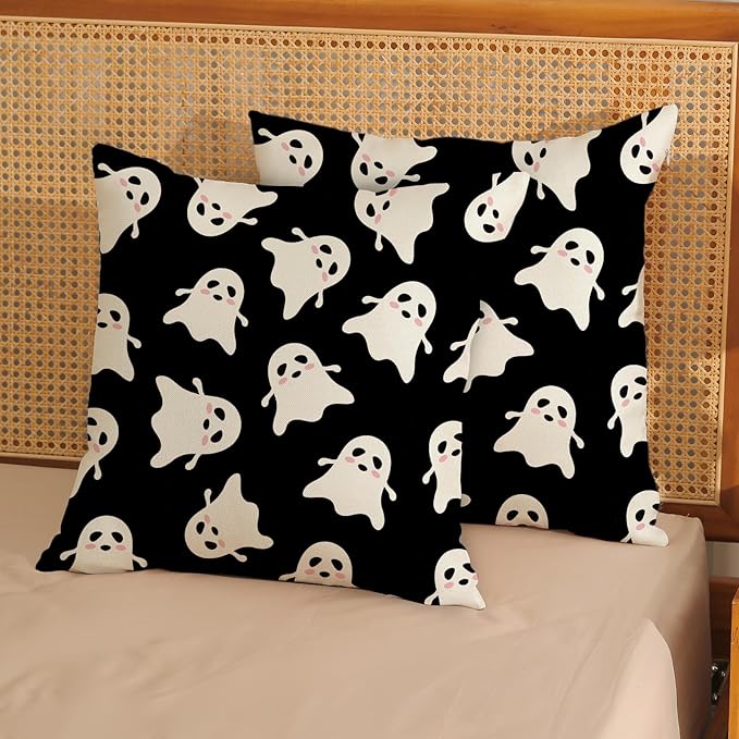 Halloween Decor Pillow Covers 18x18 Pack of 2 Black Beige Cute Ghost Throw Pillow Covers Outdoor Decoration,Fall Holiday Ghost Pillowcase Linen Decorative Cushion Case for Home Sofa Couch