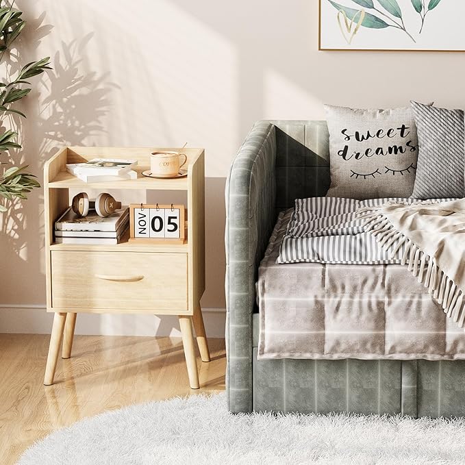 NightStand with Open Shelf,Night Stand with Drawer Storage Side Tables End Table,Bedside Table with Solid Wood Feet,Mid Century Night Stands for Bedroom Sofa Couch Small Spaces (Natural)