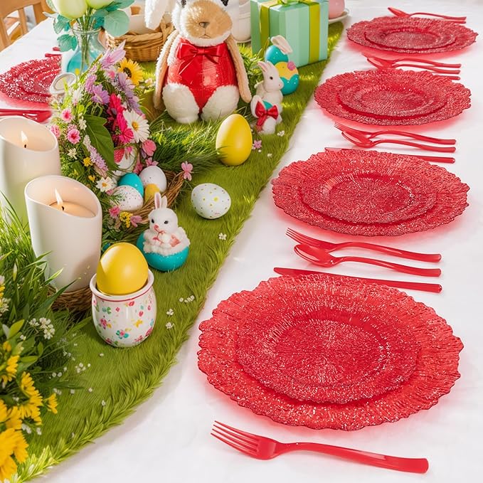 U-QE 60PCS Clear and Red Plastic Plates - Reef Plastic Plates Disposable&Reusable - Clear Red Plates Including 30 Plastic Dinner Plates 10" & 30 Plastic Dessert Plates 7" Perfect for Party & Wedding