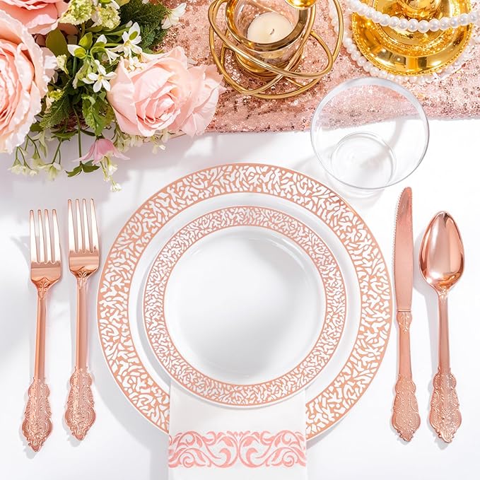 Festiva 350PCS Rose Gold Plastic Dinnerware Set - Disposable Lace Rose Gold Plates and Napkins Party Supplies - include plates,napkins,cups,silverware - Serve for 50 Guests Party&Wedding&Mother's Day