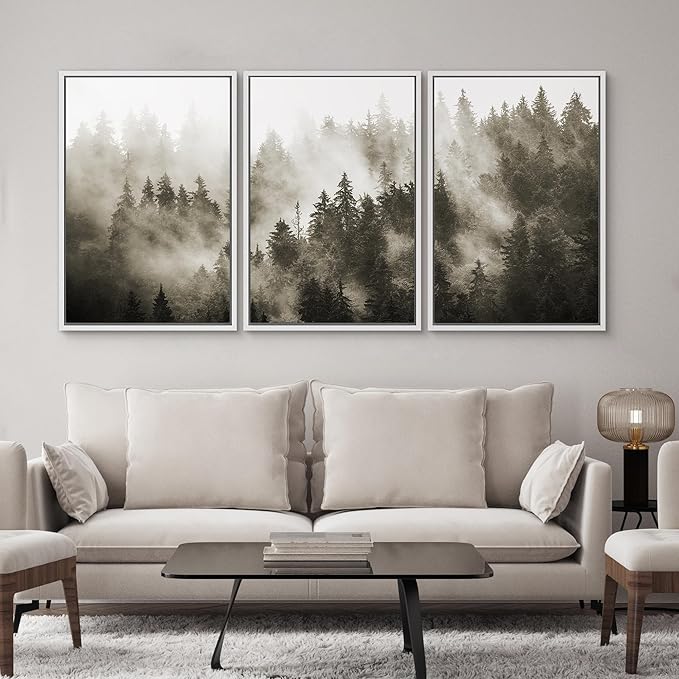SIGNWIN Framed Canvas Print Wall Art Woodland Nursery Decor Set Duotone Blue Misty Pine Tree Forest Nature Modern Art Rustic Landscape Colorful for Living Room, Bedroom, Office - 24"x36"x3 White