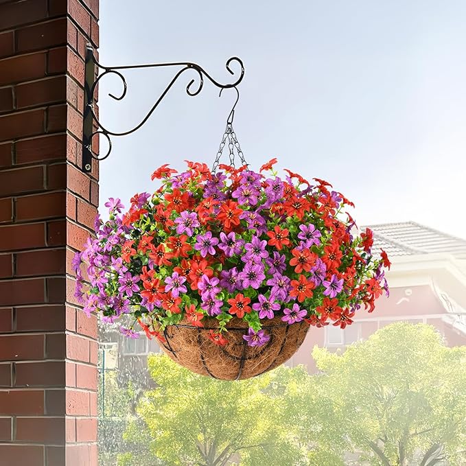 INQCMY Artificial Hanging Flowers Plants Basket for Outdoor Spring Summer Decoration,Fake Silk Colorful Daisy in Planter UV Resistant Realistic for Outside Home Porch Patio Yard Balcony Decor