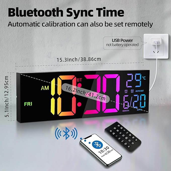 Maxstar 16.2'' Large Digital Wall Clock with Bluetooth Auto Sync, Remote Control, Alarm, LED Display, RGB Colors, Auto DST & Temperature for Classroom, Bedroom, Office, Garage-Black