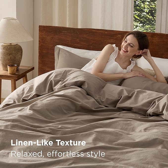 Bedsure 100% Washed Cotton Duvet Cover Oversized Queen - Muted Brown Minimalist Duvet Cover Linen Like - GentleSoft™ Plain Simple Bedding, 3 Pieces (Muted Brown, Oversized Queen, 98"x98")