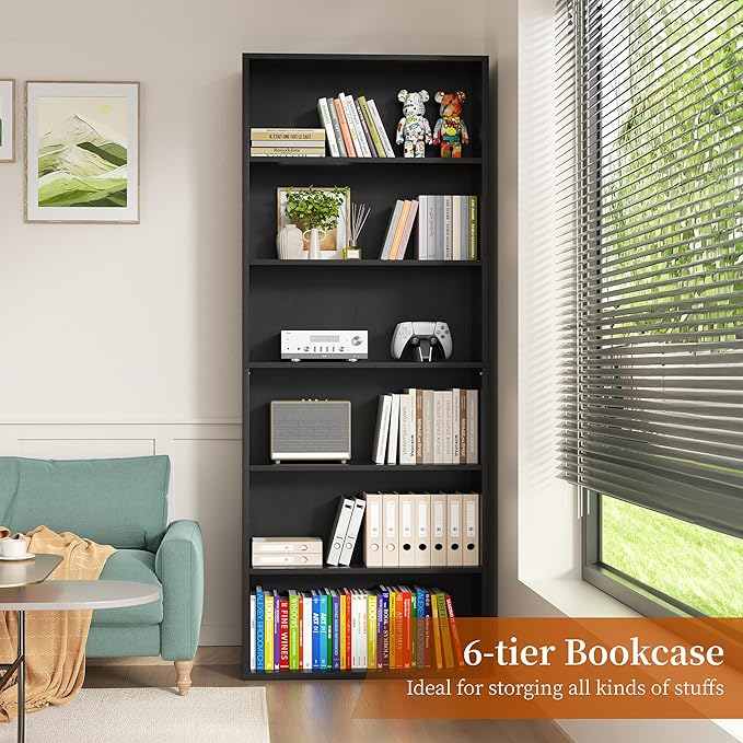 Vongrasig 6-Tier Open Bookcase and Bookshelf, Floor Standing Wood Display Storage Shelves 71 Inch Tall Bookcase Home Decor Furniture for Home Office, Living Room, Bed Room, Black