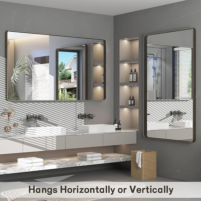 48x36 Bronze Framed Bathroom Mirror, Rectangle Brushed Bronze Metal Vanity Mirror, Large Modern Mirror for Wall, Rounded Corner, Tempered Glass, Anti-Rust, Shatterproof (Horizontal/Vertical)