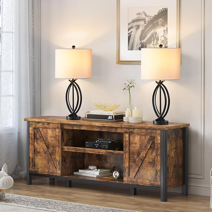 26" Industrial Table Lamps Set of 2, 3-Way Dimmable Farmhouse Nightstand Lamps Black Metal Bedside Lamps with White Shade for Living Room Bedroom, End Table Desk Lamp for Home Office