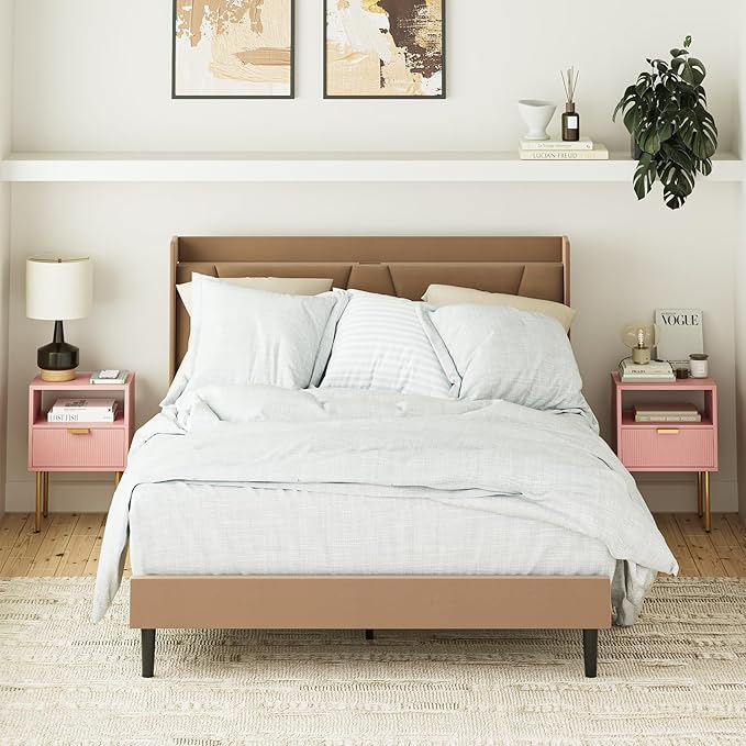 Nightstand,Morden Bedside Table with Gold Frame,Small White Night Stand,End Table,Bedside Furniture,Side Table with Drawer and Shelf for Bedroom,Living Room (1Drawer, Pink)