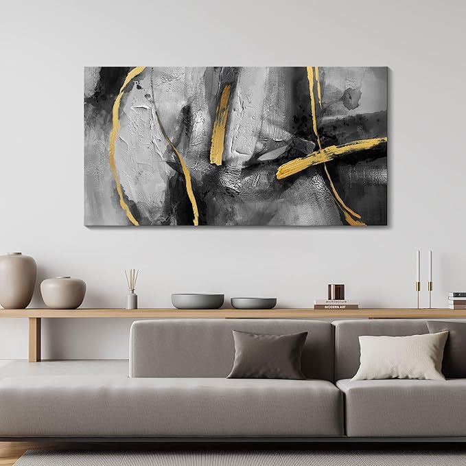 Abstract Large Canvas Wall Art for Living Room,Golden Line Rhythm Canvas Prints Hand-Painted Bedroom Wall Decor Black Gray Artwork for Home Cafe Kitchen Restaurant Decor 20x40 In