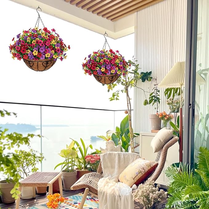 Alynsehom 2 Set Artificial Flowers with Hanging Basket, 2 Outdoor Hanging Plants with 24pcs Faux UV Resistant Fake Silk Azalea in Baskets for Porch Garden Patio Balcony Yard Home Decor(4 Colors)