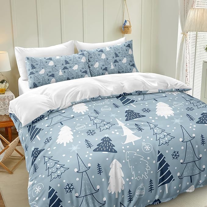 Bedorm Christmas Tree Bedding Comforter Blue Winter Comforter Set Blue White Snowflake Xmas Tree Holiday Decor Cute Christmas Quilt Comforter Set King Size