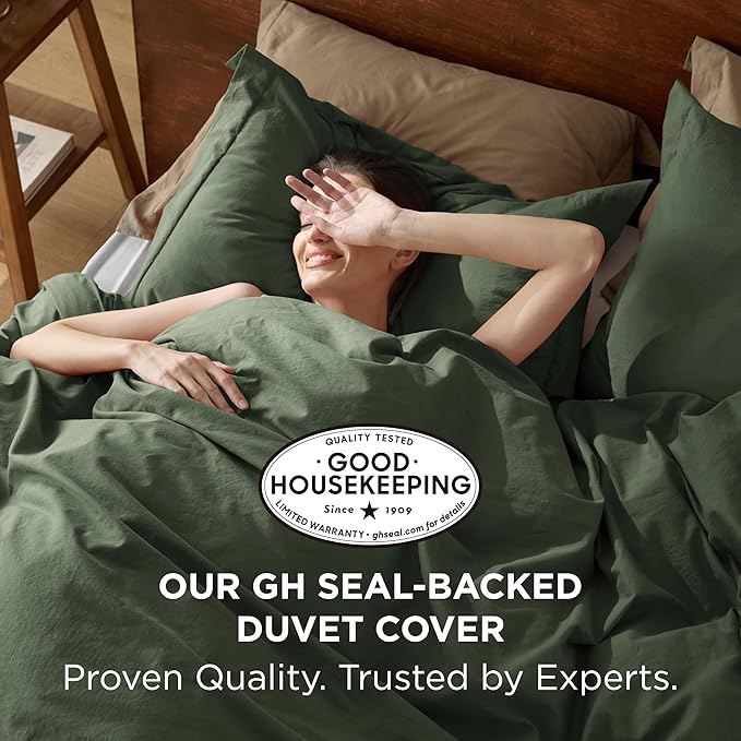 Bedsure 100% Washed Cotton Duvet Cover Oversized King - Olive Green Minimalist Duvet Cover Linen Like - GentleSoft™ Plain Simple Bedding, 3 Pieces (Olive Green, Oversized King, 120"x98")