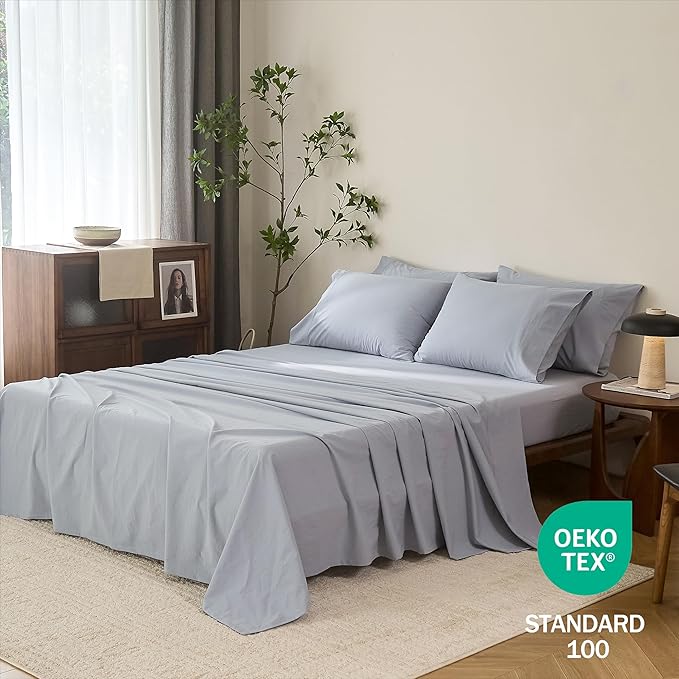 100% Cotton 6-Piece Queen Size 102" x 90" Bedding Set - Fitted Sheet, Flat Sheet & 4 Pillowcases with 17" Deep Pocket,Soft Breathable Bed Sheets for Cozy Sleep,Cornflower Blue