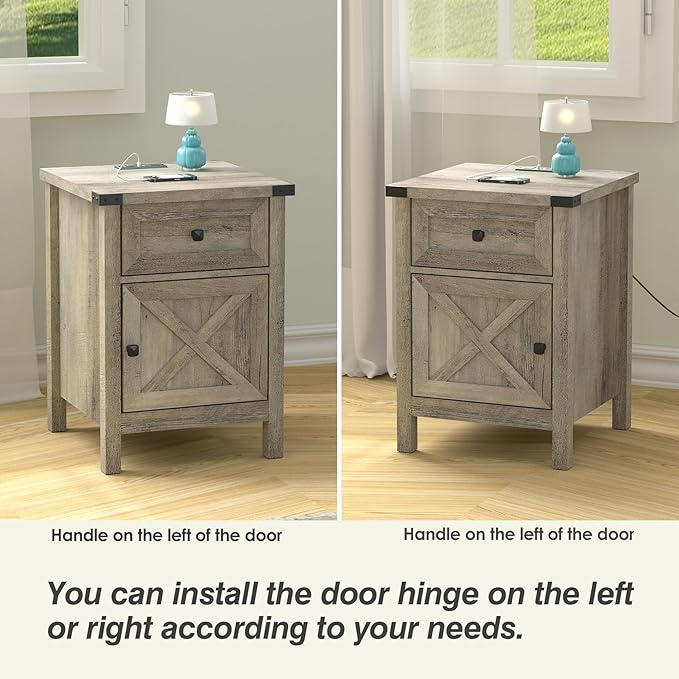Rustic Nightstand with Charging Station, Night Stand with Barn Door and Drawer, Storage Bedroom Living Room Bedside Table Farmhouse End Table Industrial Bedside Table with USB Ports and Outlets，Grey