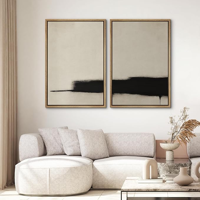 SIGNWIN Framed Wall Art Print Set Minimalist Black Brushstroke Abstract Neutral Beige and Black Illustrations Modern Art Rustic Relax/Calm for Living Room, Bedroom, Office - 24"x36"x2 NATURAL