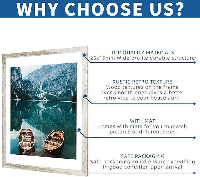 18x24 Frame Set of 2, Distressed White Wood Style - Display 18 x 24 Poster without Mat or 16x20 Picture with Mat, Wall Mounting Horizontal and Vertical