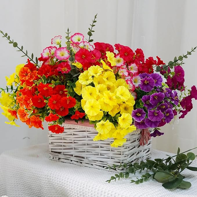 Artificial Outdoor Flowers Fake Plants for Spring Summer Decoration 20 Bundles Silk Morning Glory + 6 Eucalyptus Stems UV Resistant Colorful Faux Flowers for Outside Planter Porch Yard Patio Balcony
