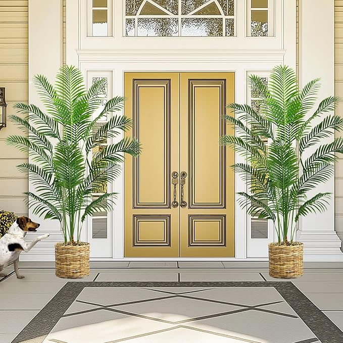 Artificial Palm Tree 7FT Artificia Plants Indoor Fake Trees Tropical Fake Plam Tree Floor Plant in White Pot with 18 Trunks & Real Bark Design Faux Palm Plant for Outdoor Home Room Decor