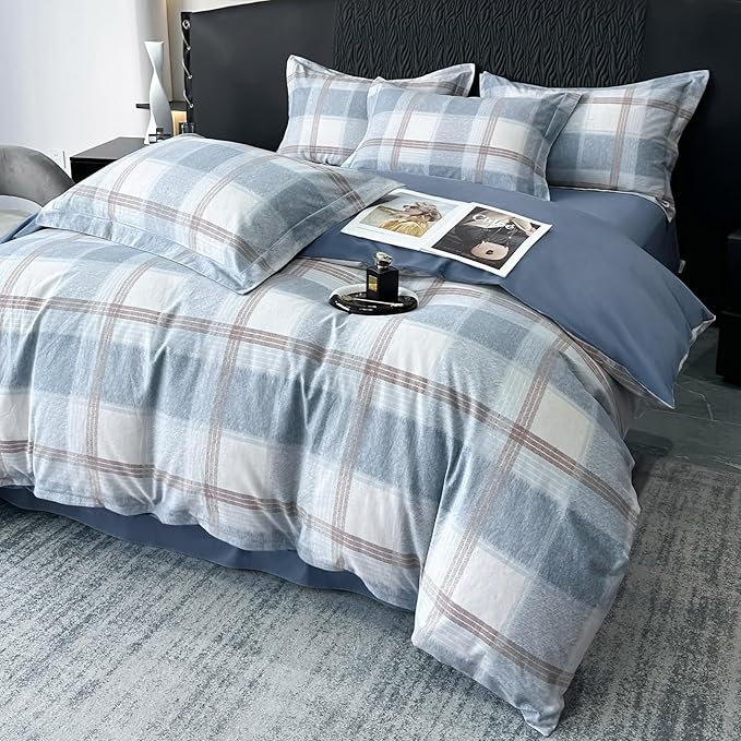 VM VOUGEMARKET Blue White Plaid Duvet Cover Queen,3 Pieces Thick Brushed Cotton Duvet Cover Set,Simple Modern Teen Boys Gingham Bedding Set Without Comforter-90x90 Inch