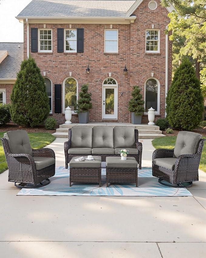 22x25/22x24 Outdoor Furniture Cushions Set of 6 - Water Repellent High Back Patio Chair Cushion for Wicker Dining Rocking Swivel Chairs Loveseat Couch L-Shape Sectional Sofa - Grey/Button